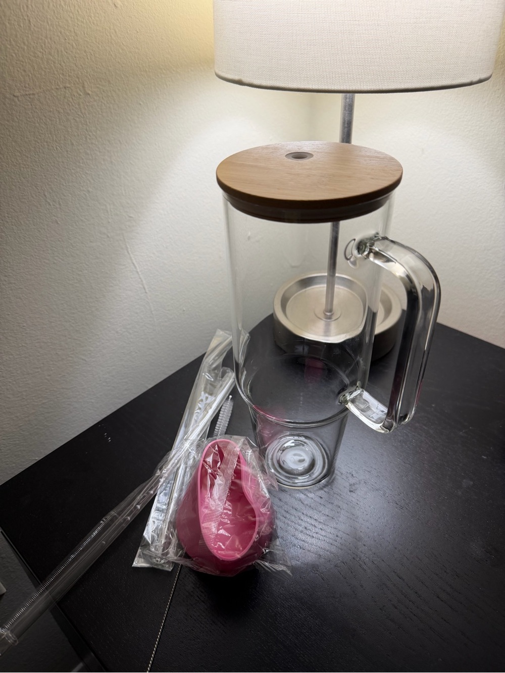 Glass Tumbler with Bamboo Lid & Pink Boot